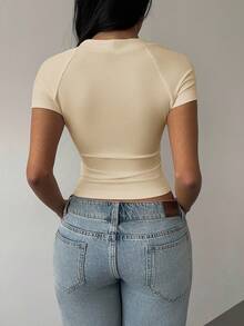 SHEIN BASICS Solid Color Knit Convertible Collar Fitted Cropped Women Top/Summer - Apricot - View 2