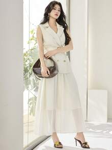 Heiryn Women's Elegant Double-Breasted Vest & Skirt Suit Set - Blue - View 2