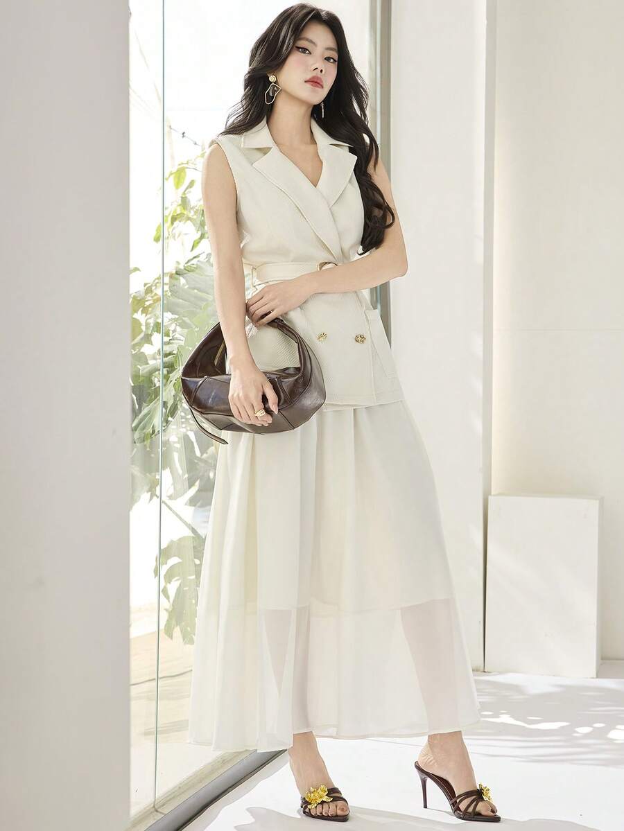 Heiryn Women's Elegant Double-Breasted Vest & Skirt Suit Set White Skirt Set Blazer Skirt Set - Blue - View 1