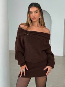 Aloruh Elegant Women's Brown Off Shoulder Long Sleeve Mini Sweater Dress With Ring Details - Brown - View 7