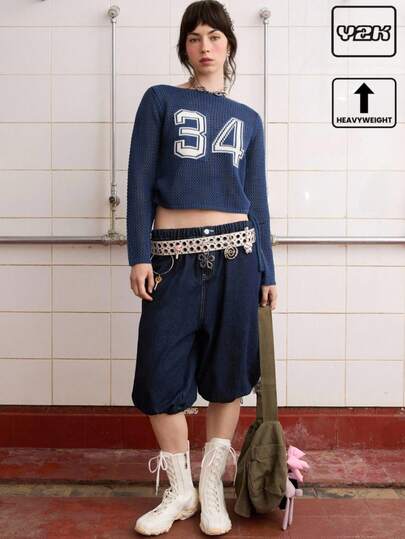 COUREZ 斜领长袖修身针织上衣，正面印花 / 女士夏季穿搭 可爱上衣 可爱夏日上衣 Y2K 夏季上衣 复古