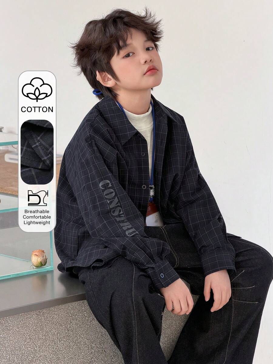 DAZY 男童休闲字母格子印花前开襟衬衫，秋季款