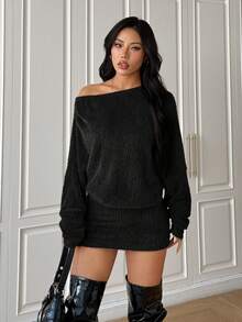 SHEIN EZwear 女士休闲纯色不对称领长袖连衣裙 - 黑色 - 查看 3