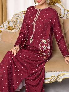 Al Najma Style Polka Dot Burgundy Elegant Party Maxi Dress & Traditional Arabic Long Robe For Women - Burgundy - View 1