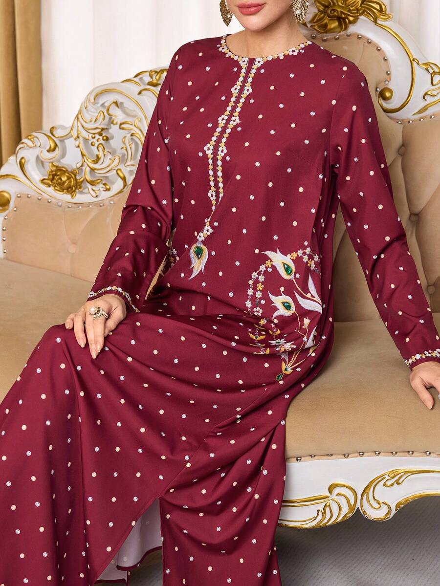 Al Najma Style Polka Dot Burgundy Elegant Party Maxi Dress & Traditional Arabic Long Robe For Women - Burgundy - View 1