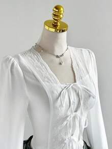 Sweetra Elegant French Lady Style Pure White Floral Lace Patchwork Unique Button Front Design Women Blouse, Early Autumn Fashion - White - View 6