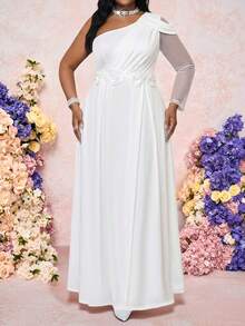 Fleurora 大码优雅派对金银丝线装饰3D立体花卉连衣裙，粉色婚礼宾客礼服，女士正式礼服，女士音乐会服装，女士派对礼服，婚礼宾客礼服，曲线身材婚礼宾客礼服，曲线身材粉色连衣裙，优雅高贵 - 白色 - 查看 4