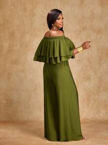 Brilight 女士优雅休闲棉麻两件套 - 蛋糕式双层荷叶边上衣和阔腿裤 - 日常穿着、休闲穿着、夏季度假、音乐节、假日套装、春夏女装 - 綠色 - 查看 2