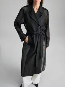 Ontre 2026新款春夏女士梭织休闲宽松风衣，透明设计，适合情人节和婚礼季穿着 - 黑色 - 查看 1