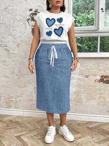 EMERY ROSE 2pcs Set: Heart & Denim Effect Casual Loose Fit Crew Neck Top & Skirt For Plus Size Women, Suitable For Autumn/Winter Suitable For Going Out