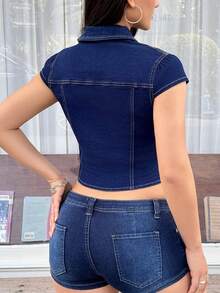 Rivivi Fashionable Turndown Collar Slim Fit Washed Denim Short Sleeve Jacket - Dark Wash - View 2