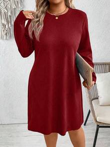 EMERY ROSE Plus Size Women's Solid Navy Blue Wavy Textured Crew Neck Long Sleeve Casual Everyday Dress, Autumn/Winter Solid Color Dress Red Long Sleeve Dress Red Casual Dress Sweater Dress Women Curve Casual Dress - Red - View 6
