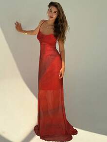 Aloruh New Vacation Style Rainbow Ombre Mesh Print Romantic Backless Maxi Boho Dress - Red - View 6