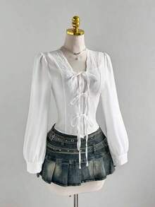 Sweetra Elegant French Lady Style Pure White Floral Lace Patchwork Unique Button Front Design Women Blouse, Early Autumn Fashion - White - View 5