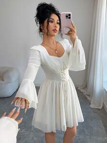 Modelyn Chân váy mini xòe tay bồng bằng chiffon thắt nơ cổ tim thời trang - Màu be - Xem 5