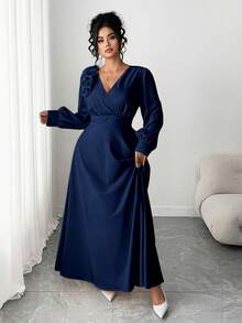 Elenzga Plus Size Women's Elegant Romantic Vacation 3D Pleated Floral V-Neck Long Sleeve Cinched Waist Dress, Cream Yellow