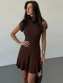 Aloruh Minimalist High-End Brown Sleeveless Stand Collar A-Line Mini Ribbed Knit Dress, Spring/Summer,Spring Outfit Women,Spring Break Outfits - Coffee Brown - View 5