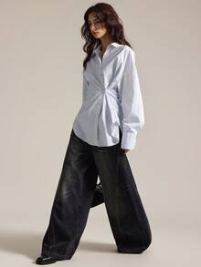 Easelle 女士蓝色条纹梭织宽松长袖休闲衬衫 - 淺藍色 - 查看 5