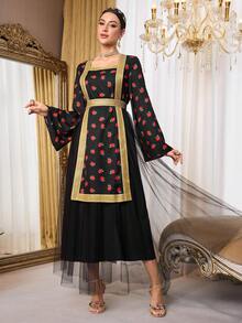 Al Najma Women's Floral Print Square Neck Long Sleeve Arabic Style Dress - Multicolor - View 2