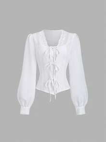 Sweetra Elegant French Lady Style Pure White Floral Lace Patchwork Unique Button Front Design Women Blouse, Early Autumn Fashion - White - View 2