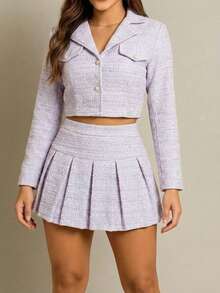 Mujer Conjunto Dos Piezas Estilo Elegante Tejido Texturado Cuello Solapa Manga Larga Corte Ajustado Falda Plisada Temporada Otoño-Primavera Uso Eventos Informales y Salidas,Conjunto 2 piezas, chaqueta, blazer corto, falda tableada, tierno, glam, old money - Púrpura malva - Ver 1