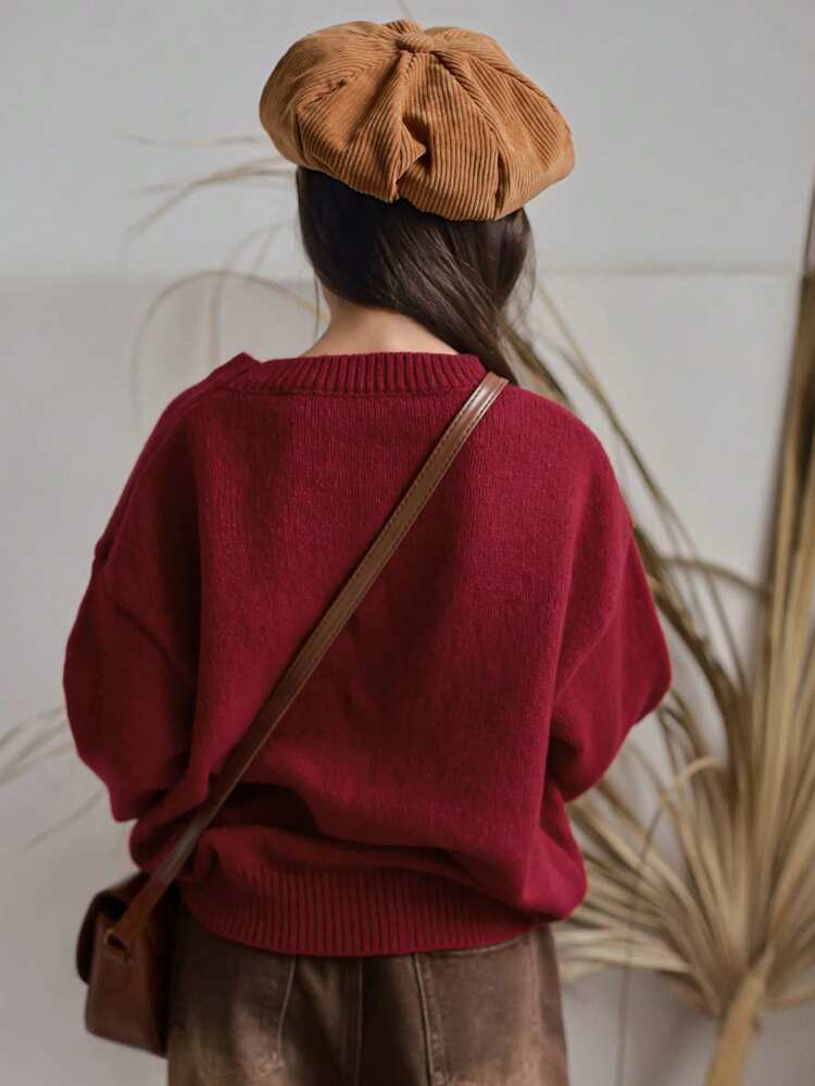 Tween Girls' Round Neck Loose Bowknot Pattern Sweater, Fall Spring