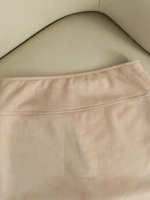 SHEIN PETITE 时尚新款绒面高腰修身A字开衩短裙，女士春秋季 - 卡其色 - 查看 6