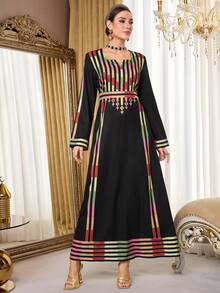 Al Najma Gaun Wanita Lengan Panjang Motif Kontras Gaya Arab - Hitam - View 3