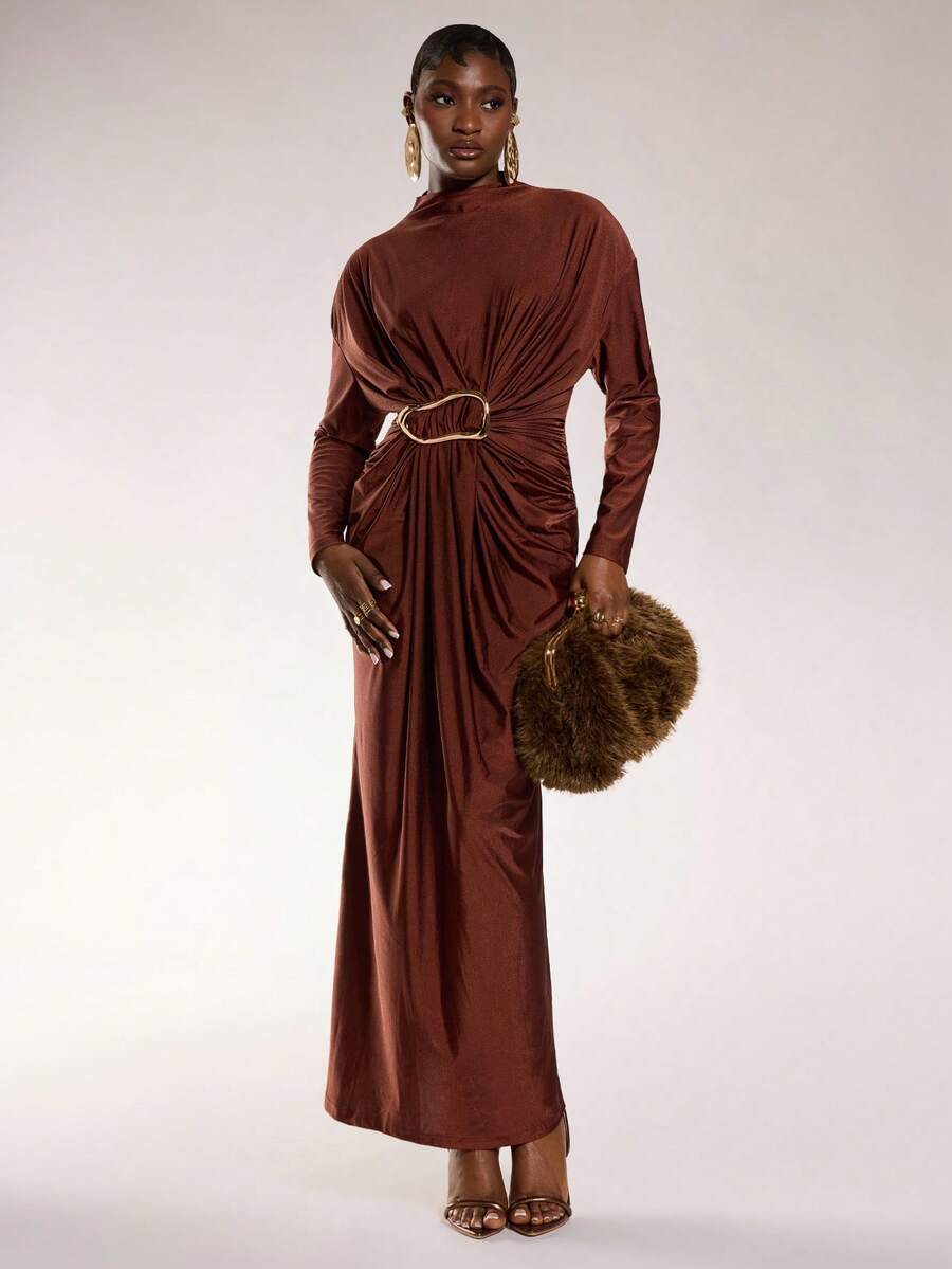 Normani Abito lungo elegante da donna per vacanze, a tinta unita, con maniche lunghe, decorato con elementi metallici, aderente, lungo e maxi, adatto per vacanze, matrimoni, cerimonie, lauree, feste - Caffè - Visualizzare 1