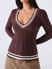 LYSMO 女式休闲咖啡棕色条纹装饰V领长袖修身粗针织毛衣，秋冬 - 咖啡棕 - 查看 3