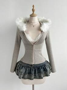 Elamini 白色针织抓绒罗纹仿毛领长袖修身短款拉链连帽卫衣，女款，秋冬季，简约百搭，适合通勤、上学、休闲、运动、日常穿着，甜美可爱，适合外出和约会。 - 杏色 - 查看 5