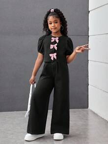 SHEIN Tween Girls Spring Summer Casual Versatile Fashion Round Neck Ruffle Sleeve Button Up Bowknot Top And Baggy Loose Fit Wide Leg Jeans Pants Set,Summer Concert Festival Casual Rave Outfits, Girls Summer Brunch Church Graduation Outfits,Streetwear Back To School Two Pieces Outfits - Black - View 3