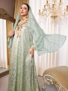 Al Najma Vestido longo turco feminino vintage com decote em V, mangas compridas e modelagem solta, estilo robe tradicional árabe. - Damasco - Ver 2