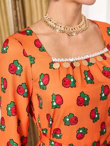 Al Najma 女士传统沙尔基花卉印花宽松方领长袖阿拉伯风格连衣裙，适合节日、加尔吉安、阿拉伯服饰 - 橘色 - 查看 7