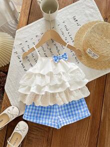 Babygirl Summer Cute Vacation Ruffle Camisole Top And Plaid Shorts Set - Blue - View 5