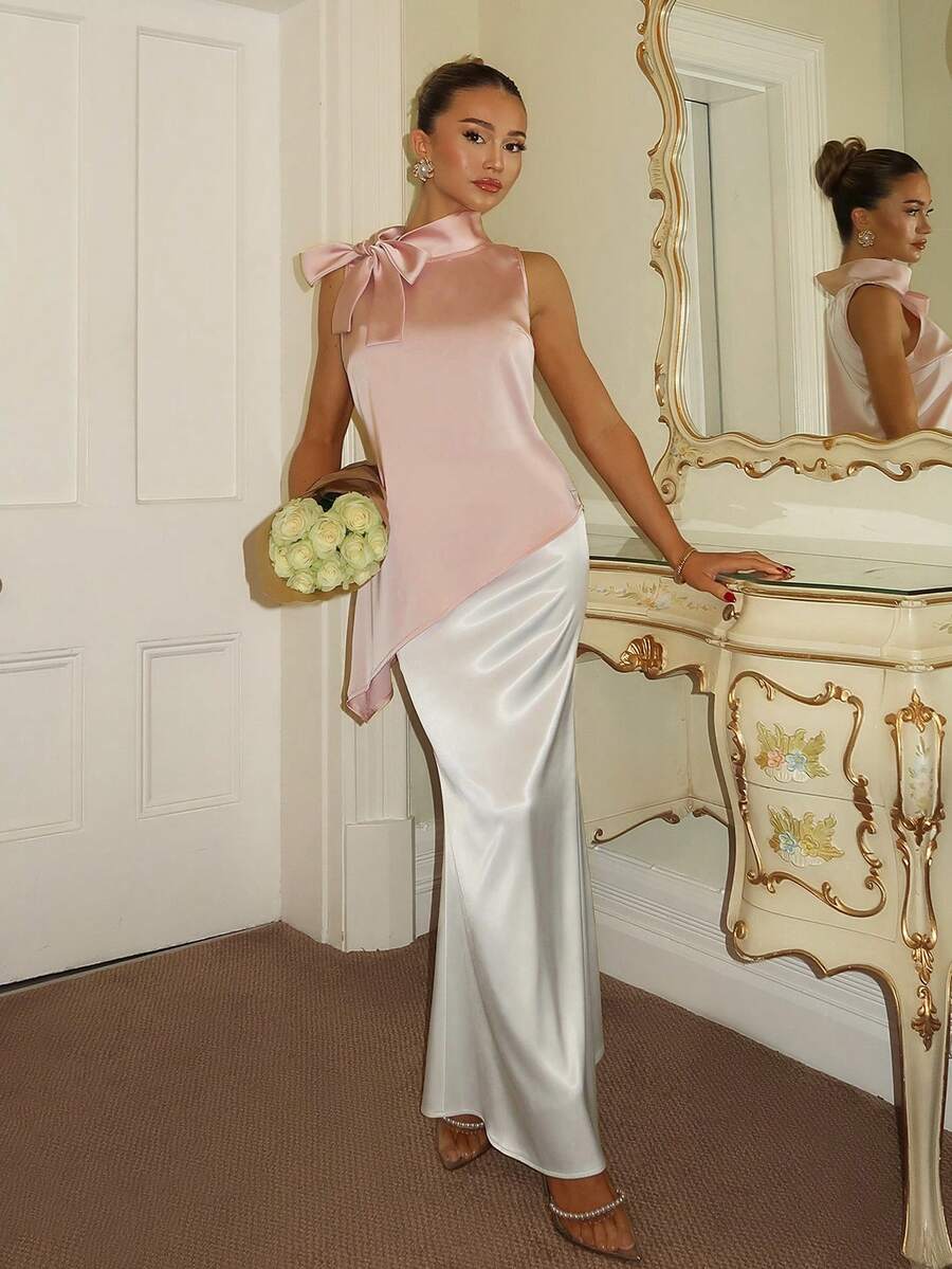 Glamine Satin Bow Tie Strap Design Asymmetric Hem Sleeveless Blouse For Women - Pink - View 1