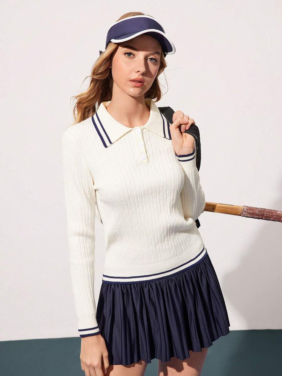 CourtClass Women's Casual Patchwork Striped Trim Knitted Sweater - White - View 1