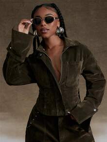 Denimoi Chaqueta vaquera de terciopelo con cuello, botones delanteros, cintura ceñida y puños de denim - Verde militar - Ver 1