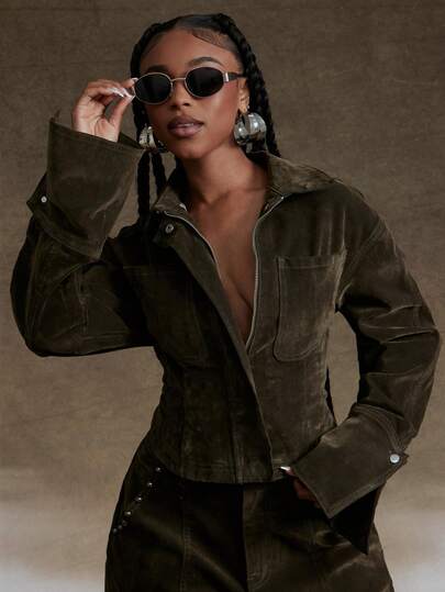 Denimoi Cinched Waist Corset Detail Cropped Button Front Collared Velvet Denim Cuffed Denim Jacket