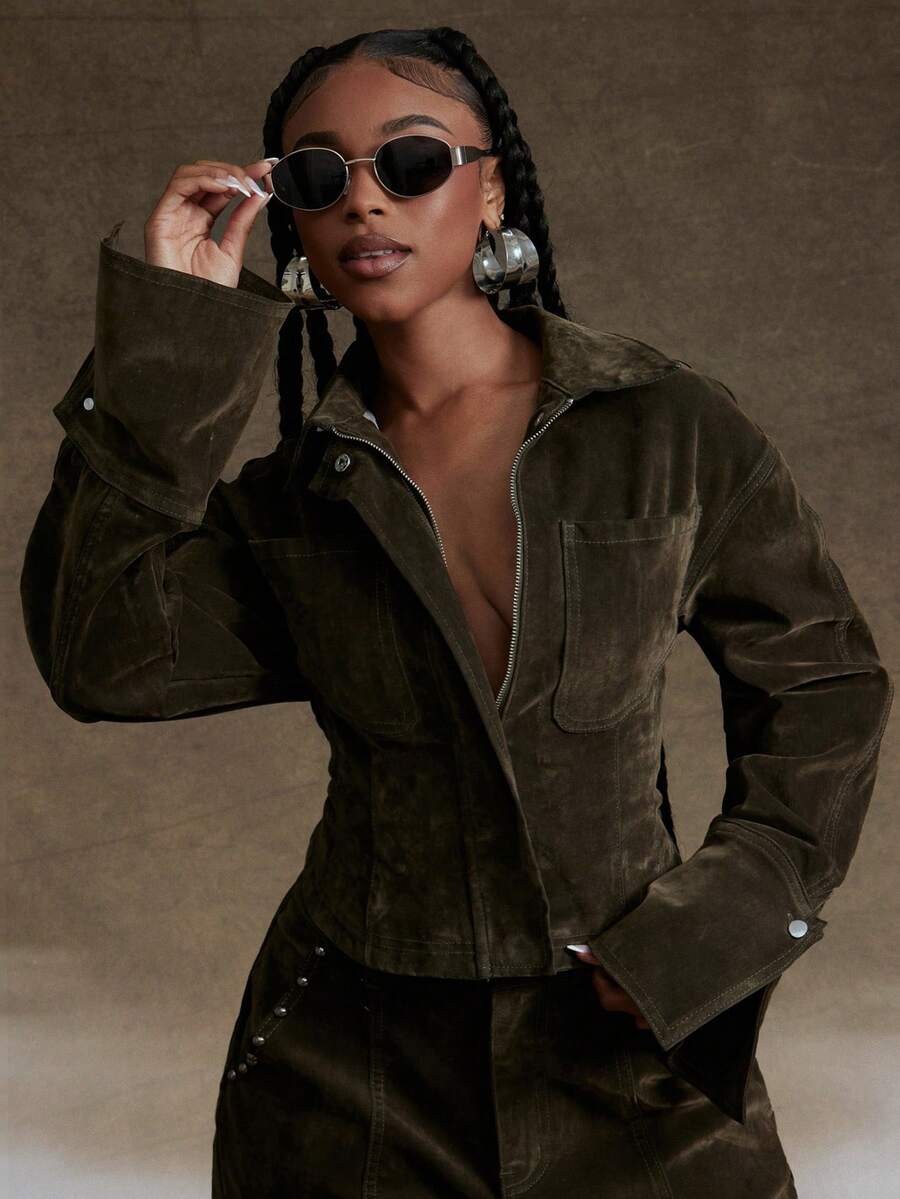 Denimoi Chaqueta vaquera de terciopelo con cuello, botones delanteros, cintura ceñida y puños de denim - Verde militar - Ver 1