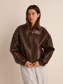 Easelle 女士秋冬季纯色拉链PU皮长袖休闲外套