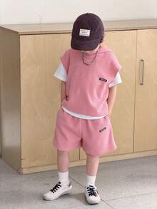 3pcs Kids Boys Casual Versatile Comfortable Textured Fabric Letter Print Hooded Loose Pullover Short Sleeve T-Shirt And Shorts 3-Piece Set, Suitable For Spring, Summer, Autumn, Winter, Daily Wear, Sports, Outings, School, Gatherings, Holidays, Photoshoots, Back To School Season - Dusty Pink - View 8
