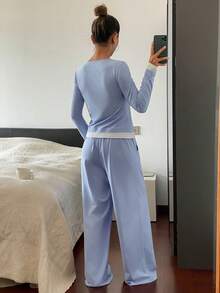 DAZY Bộ đồ mặc nhà 2 món dành cho nữ, gồm áo dệt kim có khóa kéo một phần và quần ống rộng, kiểu dáng thoải mái. - Màu xanh lam - Xem 2