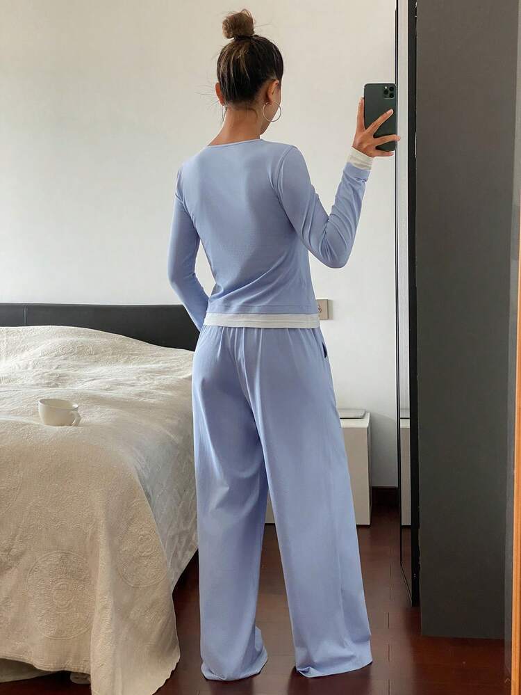 2pcs Women Casual Knit Partial Zip Decorative Top And Loose Fit Pants Loungewear Set