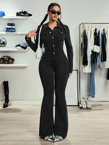 SHEIN Tall Women's Casual Versatile Elastic Flare Leg Denim Bib Overalls And Jumpsuit - Black - View 4