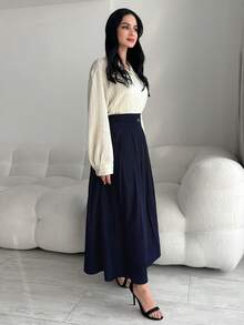 Modelyn New Korean OL Style High Waist Pleated A-Line Long Skirt - Navy Blue - View 5