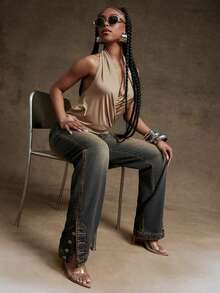 Denimoi Quần jean denim ống đứng xẻ tà, có khuy cài - Rửa trung bình - Xem 6