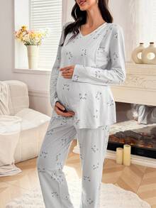 Moonlight&Mama Cat Print Nursing Friendly Long Sleeve Top And Pants Maternity Pajama Set - Multicolor - View 8