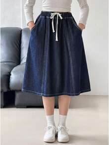 SHEIN 少女时尚休闲 Y2K 复古酷炫街头深蓝色牛仔抽绳弹力腰设计宽松舒适牛仔裙，春夏狂欢节和街头服饰新款 SS26 时尚 - 藍色 - 查看 6