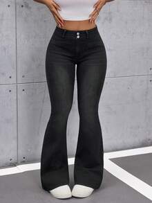SHEIN ICON 黑色弹力修身休闲喇叭牛仔裤，女士款，四季皆宜 - 黑色 - 查看 1